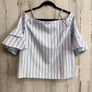 Forever 21 Women M White Blue Stripe Off Shoulder Ruffle Top